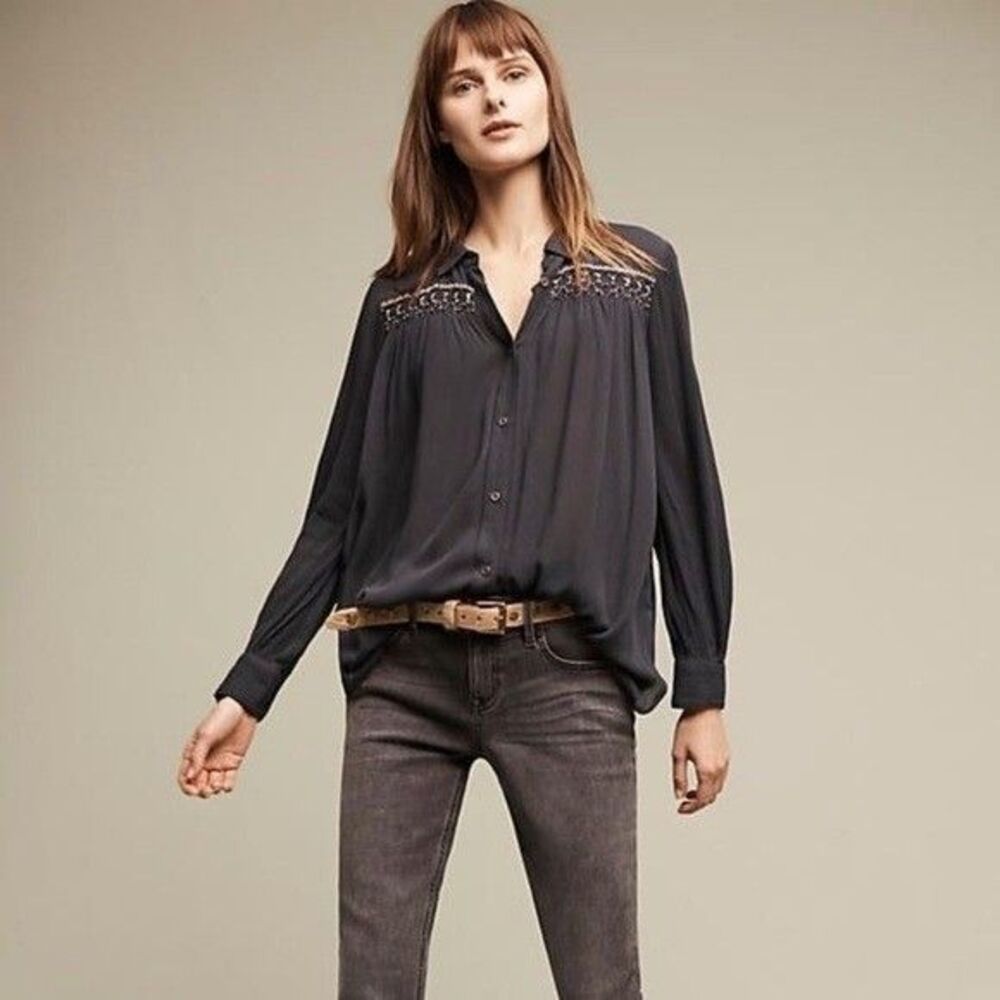 Floreat Anthropologie Beulah Beaded Top MEDIUM Rayon Boho Western Gauze